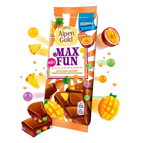 Шоколад “Alpen Gold” Max fun, манго-ананас 150гр